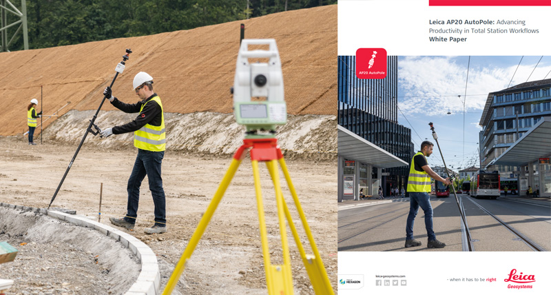 Surveyors on construction site using the Leica TS16 total station and AP20 with target tracking to survey a road.
